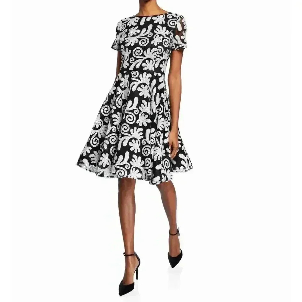Shani‎ Black White Appliqué Fit Flare Dress Short Sleeves Party Womens